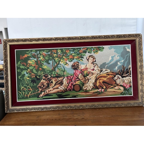 498 - Large Cross Stitch Tapestry Depicting Courting Couple in Ornate Frame (125 x 65cm - Frame Needs Atte... 