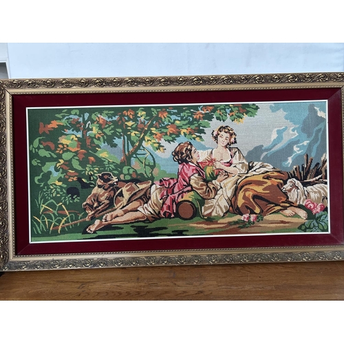 498 - Large Cross Stitch Tapestry Depicting Courting Couple in Ornate Frame (125 x 65cm - Frame Needs Atte... 