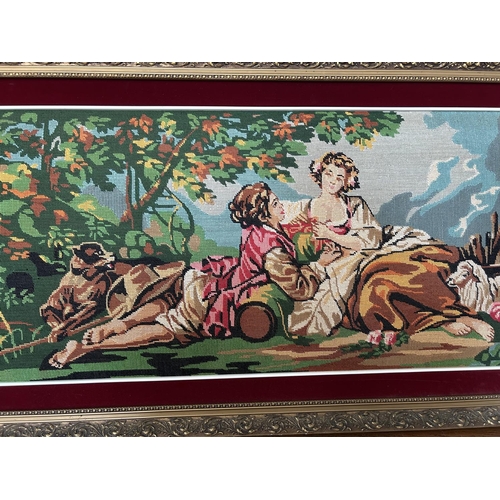 498 - Large Cross Stitch Tapestry Depicting Courting Couple in Ornate Frame (125 x 65cm - Frame Needs Atte... 