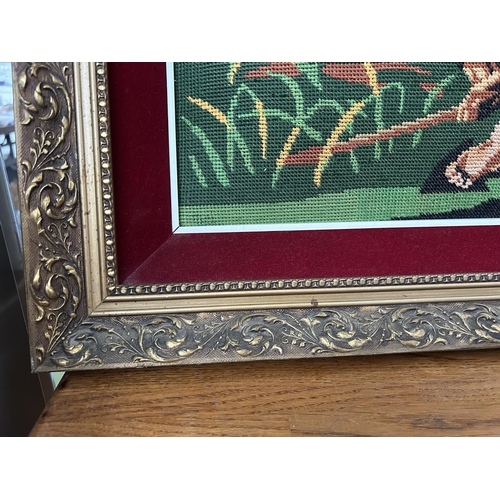 498 - Large Cross Stitch Tapestry Depicting Courting Couple in Ornate Frame (125 x 65cm - Frame Needs Atte... 