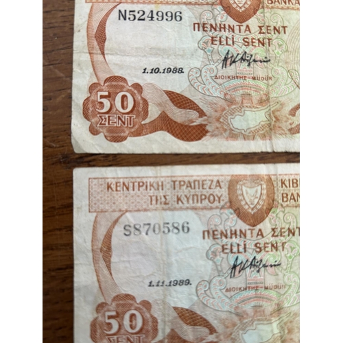 566 - x2 Central Bank of Cyprus 1988/1989 50 Cent Banknotes