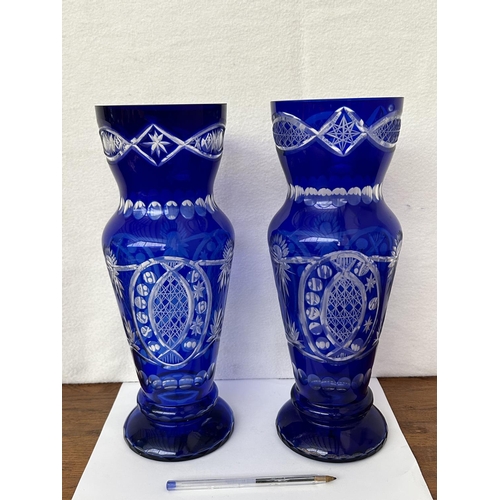 675 - x2 Vintage Bohemian Royal Blue Crystal Vases (32cm H./each - x1 Tiny Chip as Picture)