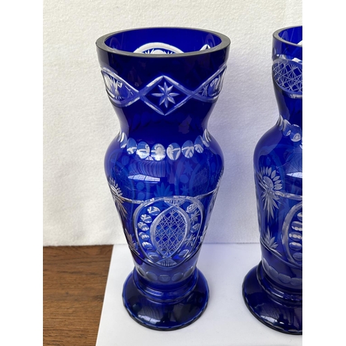 675 - x2 Vintage Bohemian Royal Blue Crystal Vases (32cm H./each - x1 Tiny Chip as Picture)