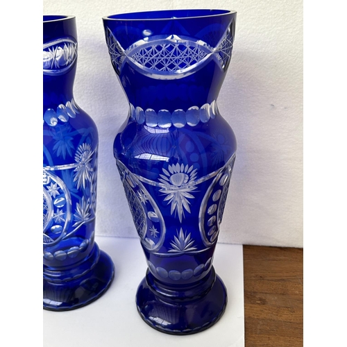 675 - x2 Vintage Bohemian Royal Blue Crystal Vases (32cm H./each - x1 Tiny Chip as Picture)