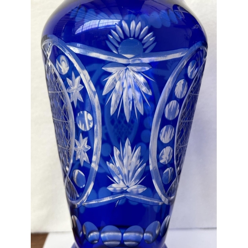 675 - x2 Vintage Bohemian Royal Blue Crystal Vases (32cm H./each - x1 Tiny Chip as Picture)