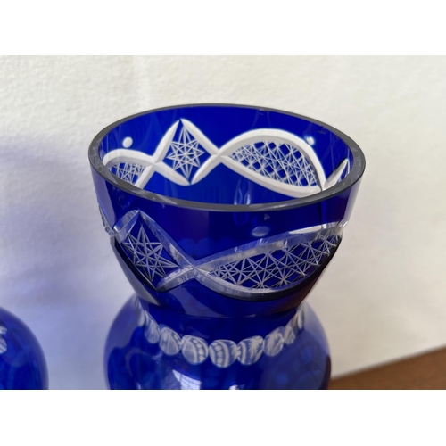 675 - x2 Vintage Bohemian Royal Blue Crystal Vases (32cm H./each - x1 Tiny Chip as Picture)