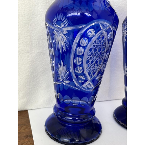 675 - x2 Vintage Bohemian Royal Blue Crystal Vases (32cm H./each - x1 Tiny Chip as Picture)