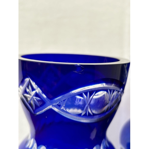 675 - x2 Vintage Bohemian Royal Blue Crystal Vases (32cm H./each - x1 Tiny Chip as Picture)