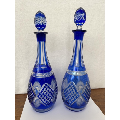 676 - x2 Vintage Bohemian Royal Blue Crystal Decanters