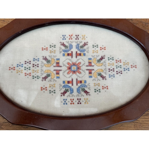 120C - Vintage Hand Embroidered Metal Handled Oval Serving Tray