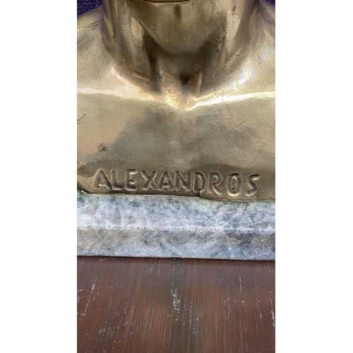 11 - Vintage Metallex Bust of Greek Macedonian Alexander the Great, Head Statue on Granite Slab (28cm)