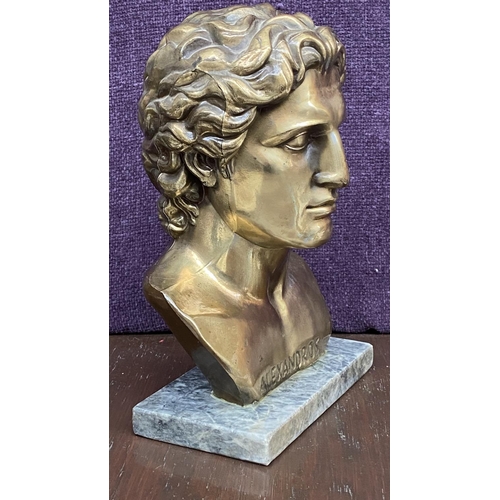 11 - Vintage Metallex Bust of Greek Macedonian Alexander the Great, Head Statue on Granite Slab (28cm)