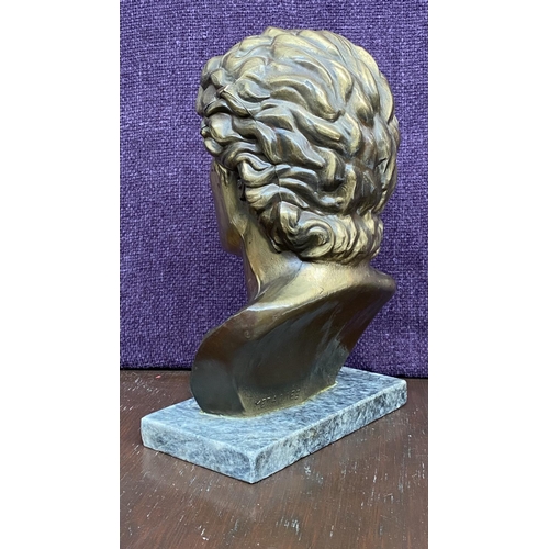 11 - Vintage Metallex Bust of Greek Macedonian Alexander the Great, Head Statue on Granite Slab (28cm)