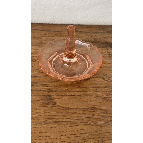 64 - Art Deco Pink Dressing Table Tray Together with Pink Glass Ring Holder