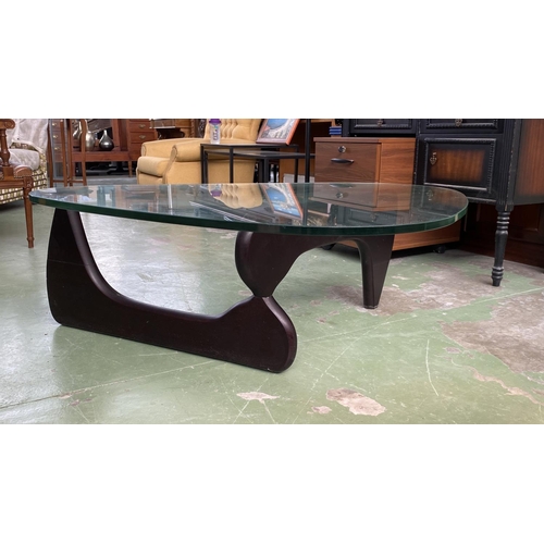 65 - Mid Century Modern Triangle Isamu Noguchi Design Coffee Table with Wooden Base, Rounded and Smoothed... 