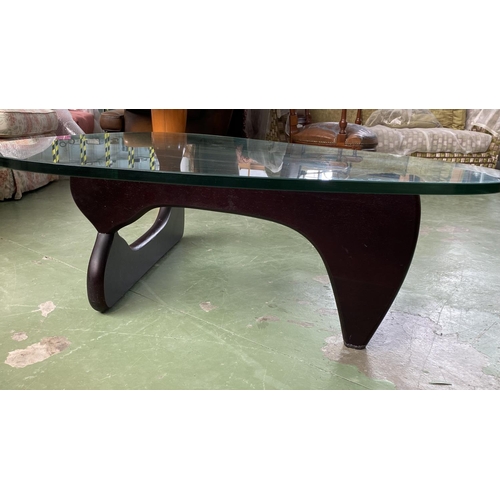 65 - Mid Century Modern Triangle Isamu Noguchi Design Coffee Table with Wooden Base, Rounded and Smoothed... 