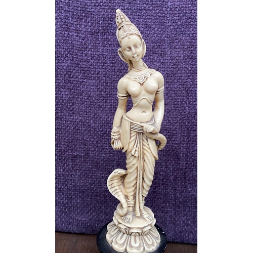 111 - x2 Asian Decorative Ivorine Resin Figurines on Black Resin 4-Footed Stand