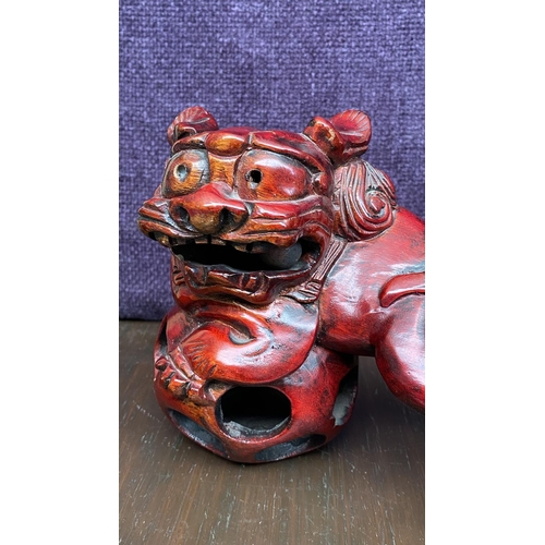 113 - Vintage Hand Carved Red Wood Chinese Foo Dog Cinnabar Oxblood with Rolling Ball in Mouth and Cage