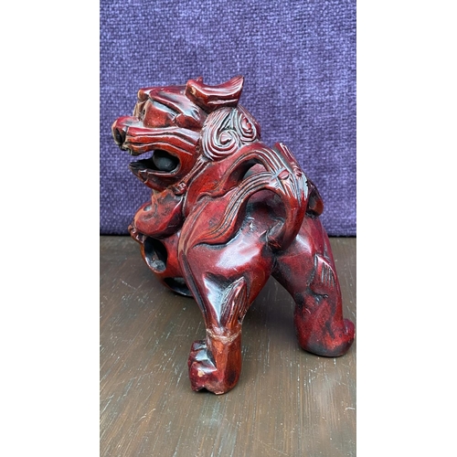 113 - Vintage Hand Carved Red Wood Chinese Foo Dog Cinnabar Oxblood with Rolling Ball in Mouth and Cage