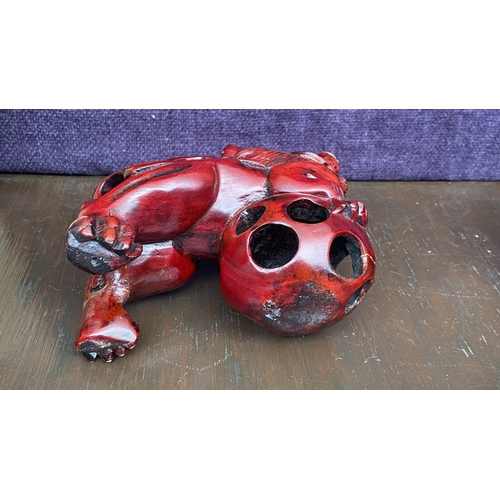 113 - Vintage Hand Carved Red Wood Chinese Foo Dog Cinnabar Oxblood with Rolling Ball in Mouth and Cage