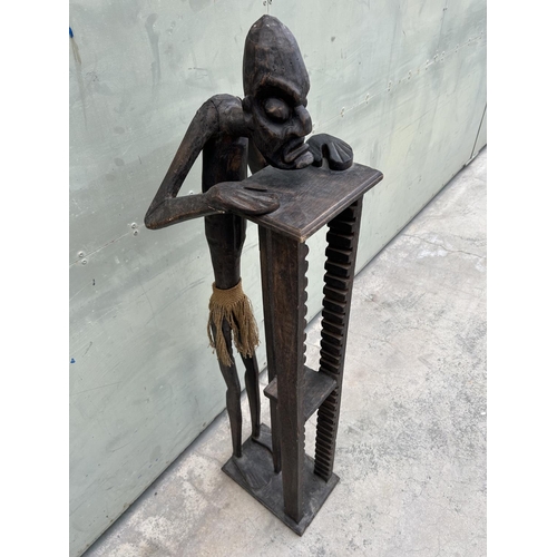 129 - Vintage Wooden Hand Carved African Figure CD Holder (123cm Tall)