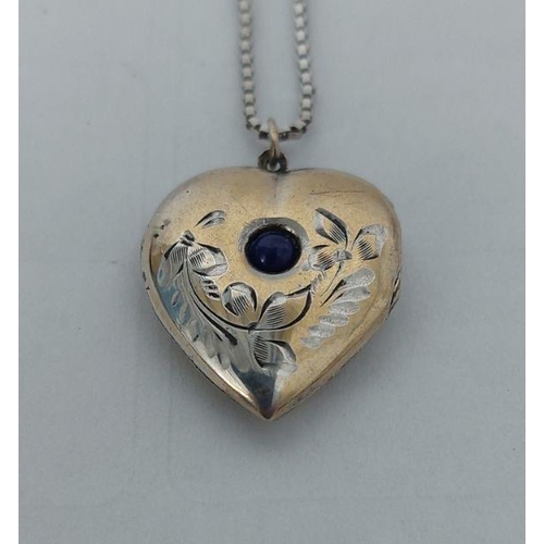 186 - Vintage Locket Pendant Silver 875 Hammered Heart Shape with Alexandrite Stone and Silver Chain