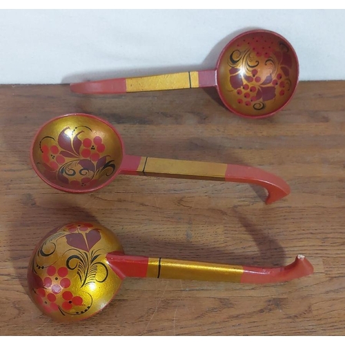 282 - Vintage Russian Folk Art Hand Painted Wooden Bowl and 3 Ladles