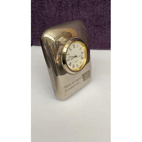 57 - Vintage Silver Plated Paperweight Desk Clock, Bank of Cyprus (London) Ltd