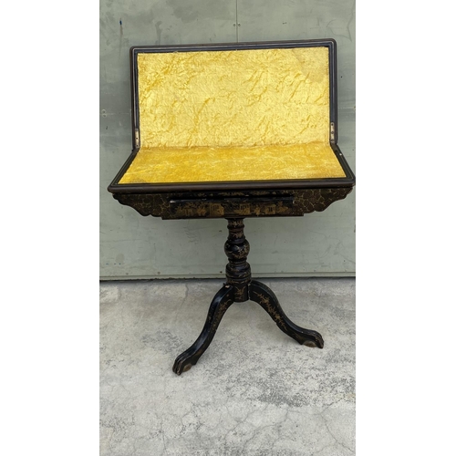 90 - Antique Chinese Lacquered Card/Game Table with Opening Top and Inside Covered in Yellow Velvet Fabri... 