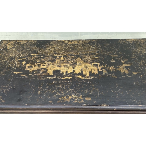 90 - Antique Chinese Lacquered Card/Game Table with Opening Top and Inside Covered in Yellow Velvet Fabri... 