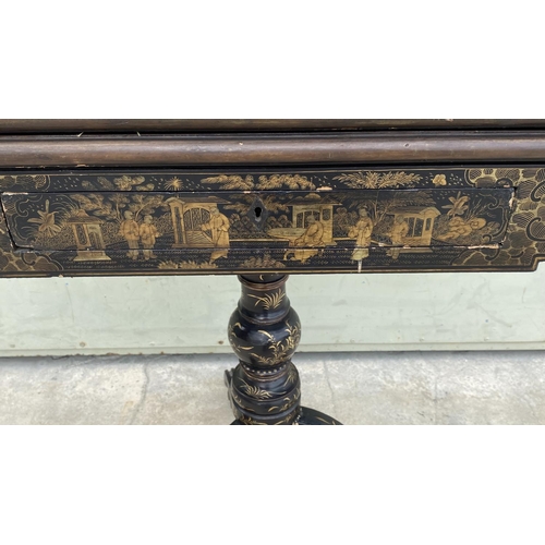 90 - Antique Chinese Lacquered Card/Game Table with Opening Top and Inside Covered in Yellow Velvet Fabri... 