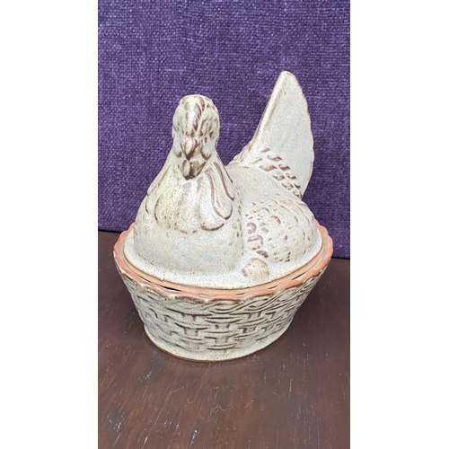 117 - x3 From Hudson Stoneware Pottery Chicken Hen on Nest/ Egg Holder Together with 2 Salt & Pepper Shake... 