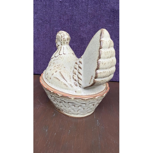 117 - x3 From Hudson Stoneware Pottery Chicken Hen on Nest/ Egg Holder Together with 2 Salt & Pepper Shake... 