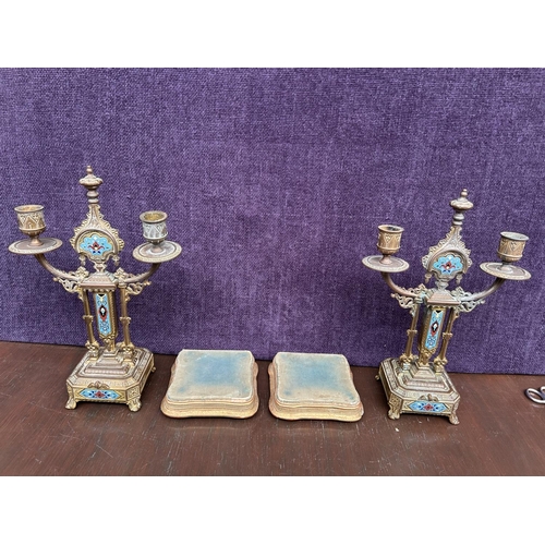 119 - Pair of 19th Century Bronze 2-Arms Candelabras with Serve Style Panels