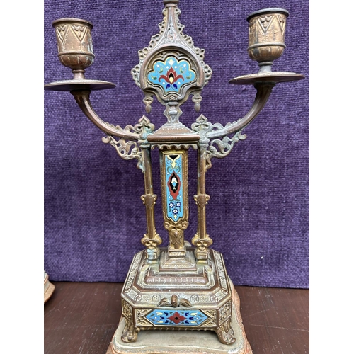 119 - Pair of 19th Century Bronze 2-Arms Candelabras with Serve Style Panels