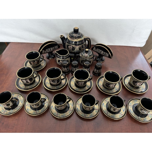 163 - Large Handmade Terracotta Decorative 33-Piece Tea & Coffee Set in 24ct Gold