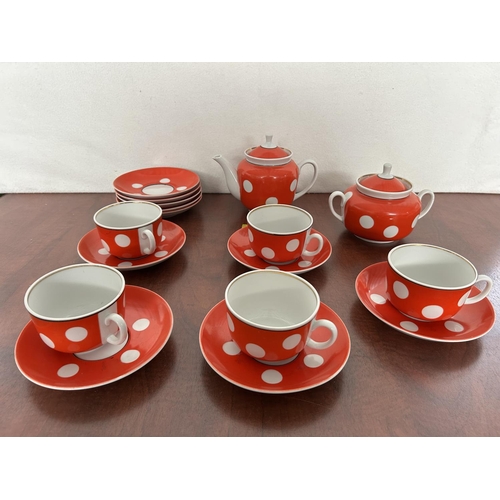 164 - Vintage 1970's USSR 17-Piece Polka Dots Red Tea Set