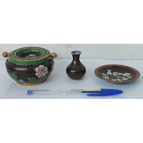 344 - Vintage Chinese  Cloisonne Decorative Set of  Ashtray Incense Burner, Small Vase and a Small Plate