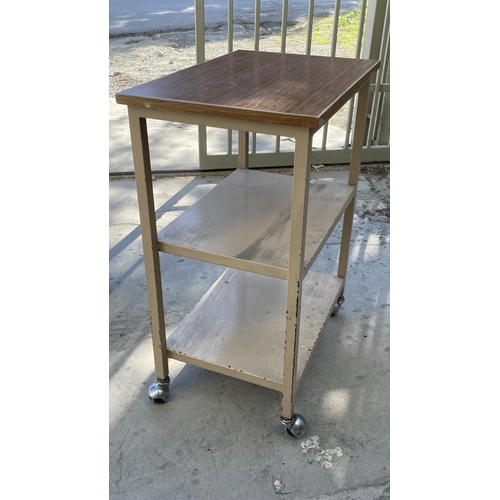 114 - Retro 3-Shelve Metal Utility Rolling Cart with Wooden Top (60 W. x 40 D. x  80cm H.)