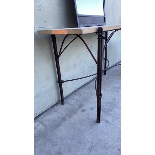 314 - Beautiful Large Console Table with Real Stone Top and Wrought Iron Frame Base with an Arched Central... 