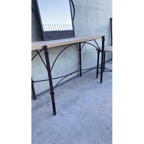 314 - Beautiful Large Console Table with Real Stone Top and Wrought Iron Frame Base with an Arched Central... 