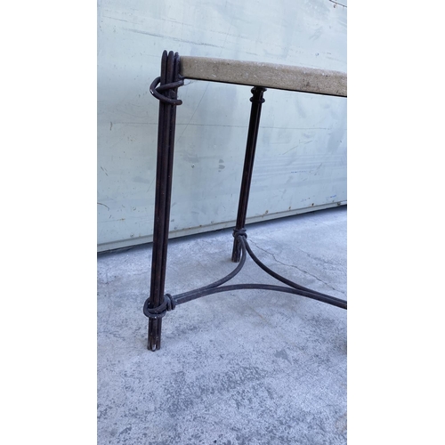 314 - Beautiful Large Console Table with Real Stone Top and Wrought Iron Frame Base with an Arched Central... 