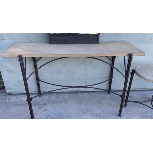 314 - Beautiful Large Console Table with Real Stone Top and Wrought Iron Frame Base with an Arched Central... 