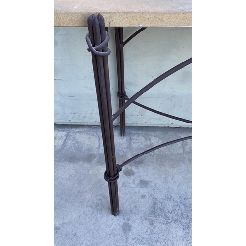 314 - Beautiful Large Console Table with Real Stone Top and Wrought Iron Frame Base with an Arched Central... 