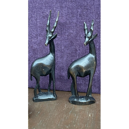 319 - Set of 2 Vintage Antelope Hand Carved Wooden African Figurine Statues (30cm Highest) and Mother of P... 