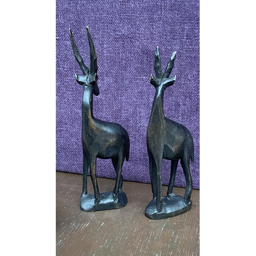 319 - Set of 2 Vintage Antelope Hand Carved Wooden African Figurine Statues (30cm Highest) and Mother of P... 