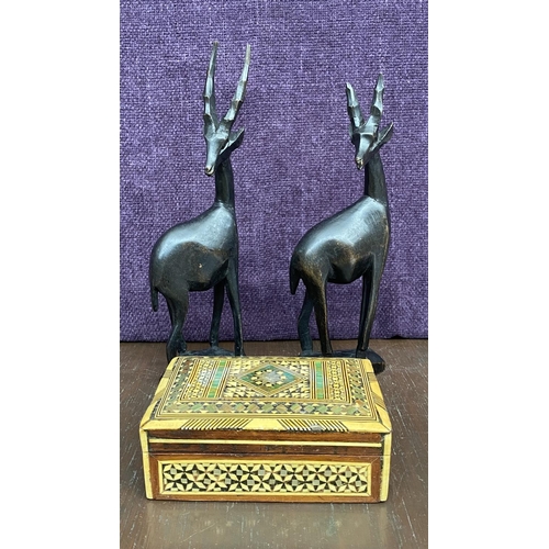 319 - Set of 2 Vintage Antelope Hand Carved Wooden African Figurine Statues (30cm Highest) and Mother of P... 