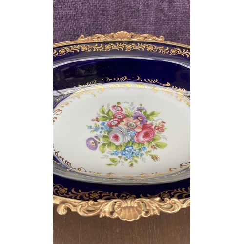 329 - Limoges Porcelain Plate, Oval Royal Blue Chic Serving Bowl (31 x 20 x 7cm H.)