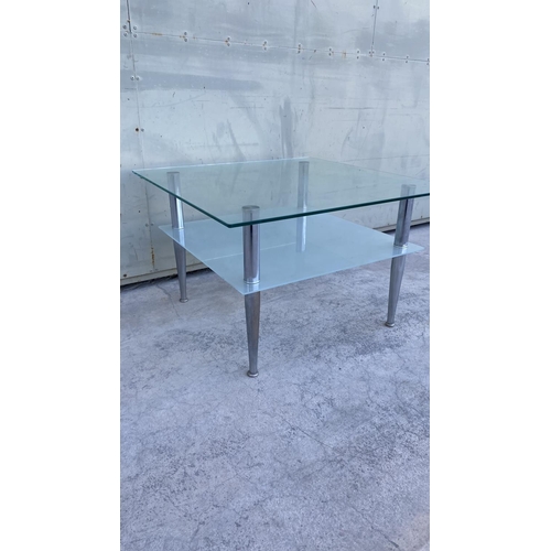 360 - Square 2-Tier Glass Coffee Table with Polished Chrome Legs, Frosted Lower Shelf and Transparent Top ... 