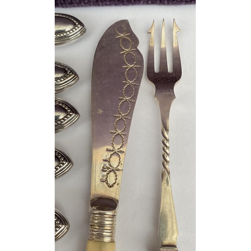 223 - x6 Silver Plated Fish Knives, EPNS Butter Knife and Pickle Fork with Bone Handles Together with Fork... 